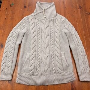 LL Bean Women's S Gray Cable Knit 100% Cotton Funnel Neck Chunky Sweater 513958